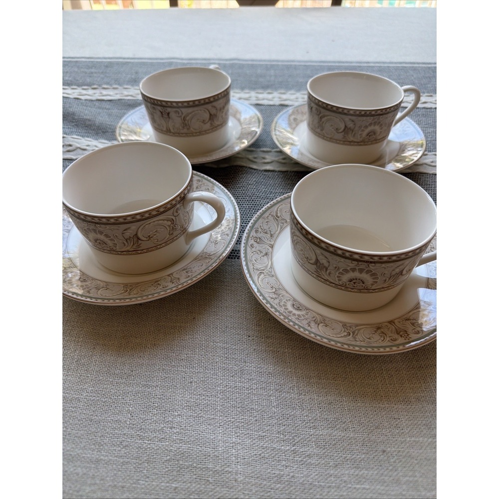 4 VTG Tea Cup Saucer Set Newport Christopher Stuart Cream Grey Scrolls Shell